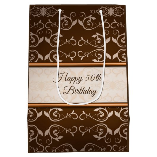 ベージュダマスクバラストライプ金ゴールド ミディアムペーパーバッグ (裏面)