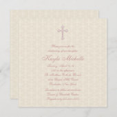 ベージュダマスクピンクベビーガール《キリスト教》洗礼式や命名式 招待状 (正面/裏面)