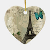 ベージュダマスク織の蝶ばら色のパリエッフェル塔 セラミックオーナメント (正面)