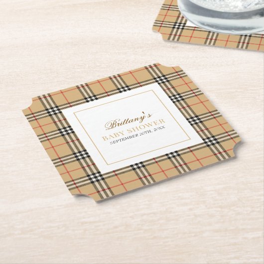 ベージュチェックプライド赤ちゃんシャワー ペーパーコースター (アングル)