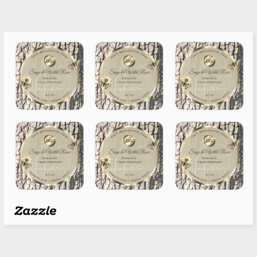 ベージュツリーバーク金ゴールドフレーム製品ラベル追加ロゴ スクエアシール (シート)