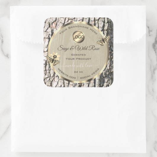 ベージュツリーバーク金ゴールドフレーム製品ラベル追加ロゴ スクエアシール (バッグ)