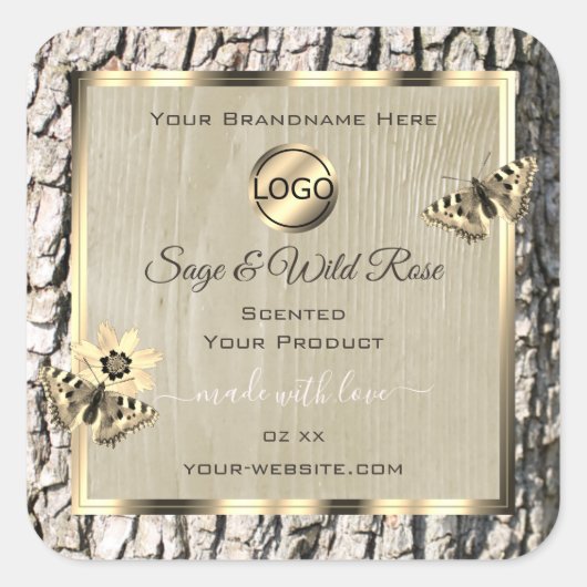 ベージュツリーバーク金ゴールドフレーム製品ラベル追加ロゴ スクエアシール (正面)