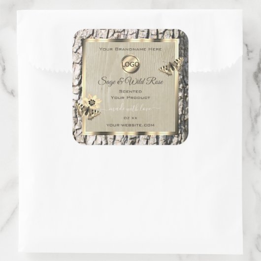 ベージュツリーバーク金ゴールドフレーム製品ラベル追加ロゴ スクエアシール (バッグ)