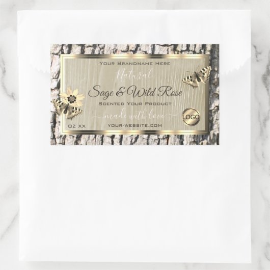 ベージュツリーバーク金ゴールドフレーム製品ラベル追加ロゴ 長方形シール (バッグ)