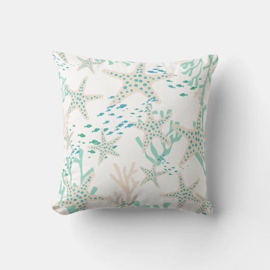 ベージュティール（緑がかった色）フィッシュシーシェルズスターフィッシュコーラルリーフ クッション (正面)