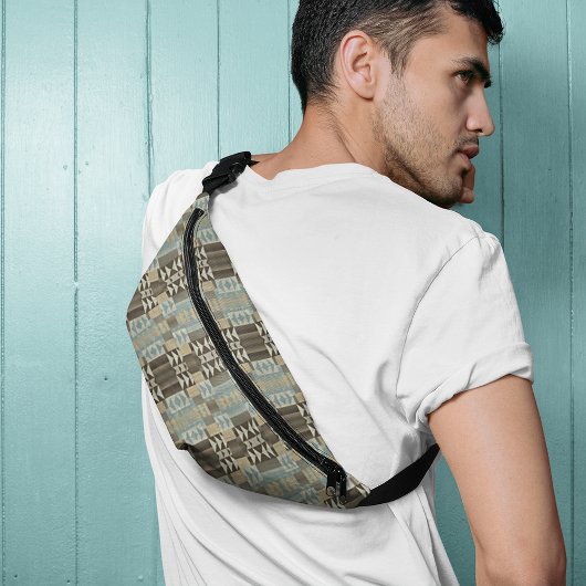 ベージュティール(緑がかった色)ブルーグリーンチューペブラウントライバルパターン ファニーパック