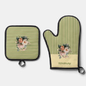 ベージュトップとオリーブグリーンストライプフローラ 鍋つかみ&鍋敷きセット (正面)