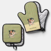 ベージュトップとオリーブグリーンストライプフローラ 鍋つかみ&鍋敷きセット (正面/裏面)