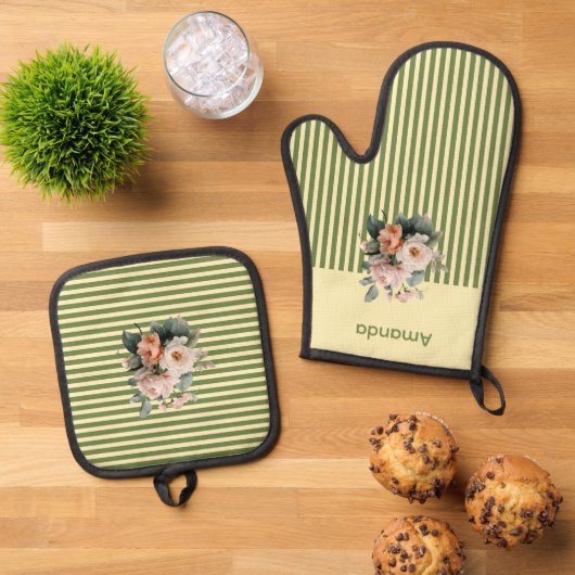 ベージュトップとオリーブグリーンストライプフローラ 鍋つかみ&鍋敷きセット (トップダウン)