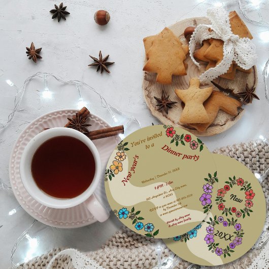 ベージュニューイヤーのディナーパーティーとフローラリース 招待状