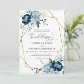 ベージュネイビーエレガントブルーフローラ金ゴールドフレ結婚ーム 招待状 (スタンド正面)