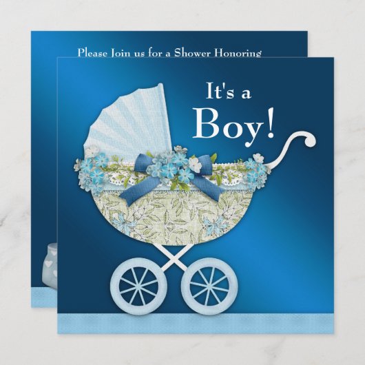 ベージュネイビーブルーベビーキャリッジボーイシャワー 招待状 (正面/裏面)