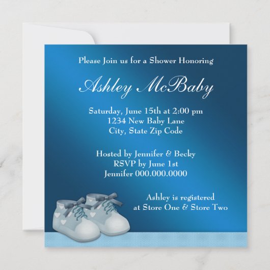 ベージュネイビーブルーベビーキャリッジボーイシャワー 招待状 (裏面)