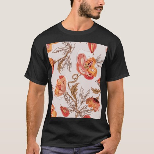 ベージュバックグラウンドポピー水の色のパターン Tシャツ (正面)