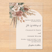 ベージュバラスパンパスグラス澄んアーチ結婚ボホの アクリル招待状 (正面)