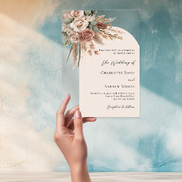 ベージュバラスパンパスグラス澄んアーチ結婚ボホの アクリル招待状