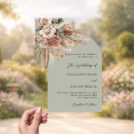 ベージュバラパンパスセージ緑の澄んアーチ結婚ズ アクリル招待状