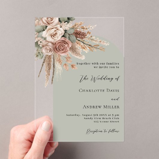 ベージュバラパンパスセージ緑の澄んアーチ結婚ズ アクリル招待状 (インサイチュ (ポータブル))