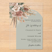 ベージュバラパンパスセージ緑の澄んアーチ結婚ズ アクリル招待状 (正面)