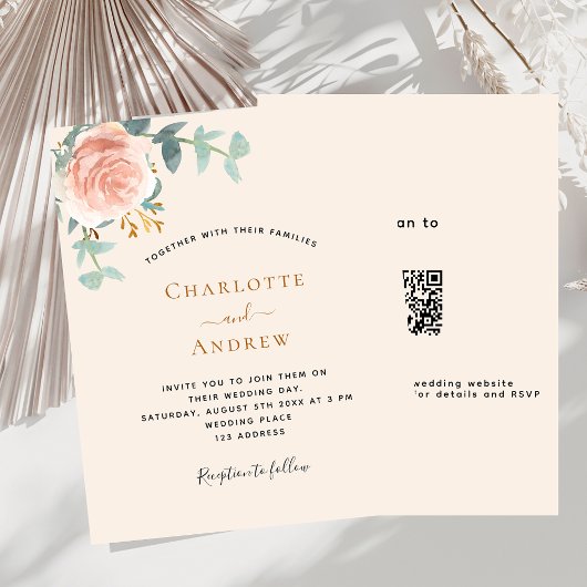 ベージュバラフローラQRコードRSVP結婚式招待状
