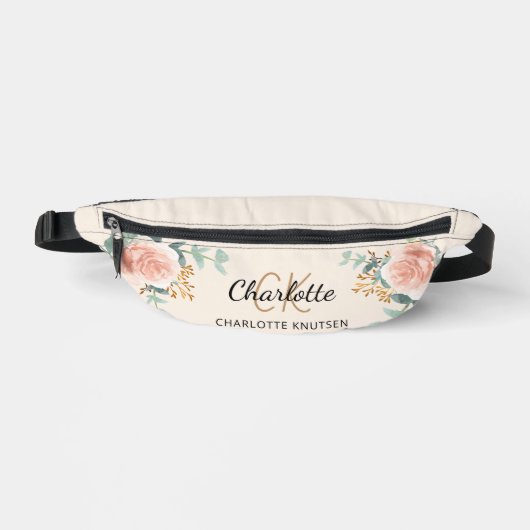 ベージュバラ金ゴールドフローラ緑の名前モノグラム ファニーパック (正面)