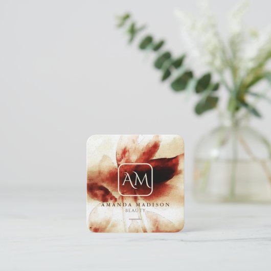 ベージュバラ金ゴールドモノグラムのソーシャルメディアフローラ スクエア名刺 (スタンド正面)