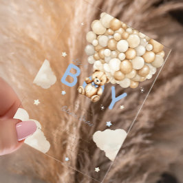 ベージュバルーズテディベアボーイモダンベビーシャワー アクリル招待状