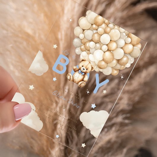 ベージュバルーズテディベアボーイモダンベビーシャワー アクリル招待状
