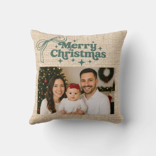 ベージュバーラップの写真の弓の手で描かれたクリスマス クッション (裏面)