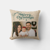 ベージュバーラップの写真の弓の手で描かれたクリスマス クッション (正面)