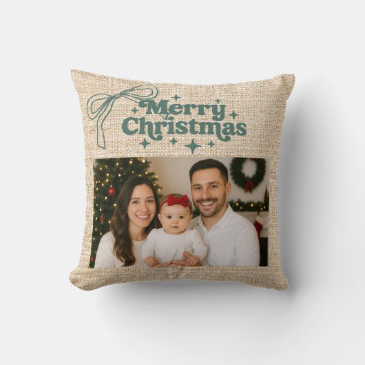 ベージュバーラップの写真の弓の手で描かれたクリスマス クッション (正面)