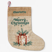 ベージュバーラップギフトボックス名レトロメリークリスマス スモールクリスマスストッキング (正面)