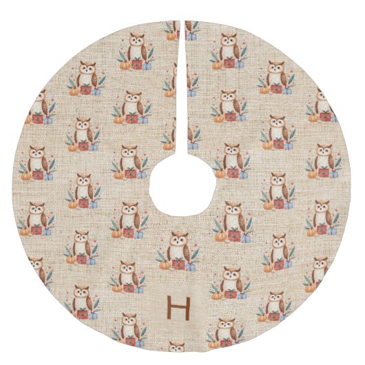 ベージュバーラップファミリーモノグラムかわいいフクロウ ブラッシュドポリエステルツリースカート (正面)