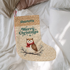 ベージュバーラップフクロウ名レトロメリークリスマス スモールクリスマスストッキング