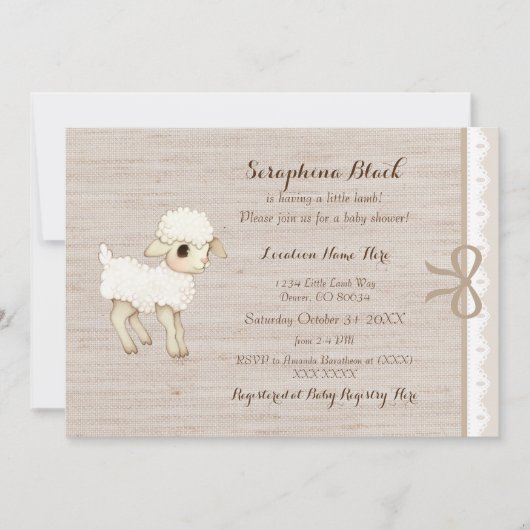 ベージュバーラップベビーシープリトルラムベビーシャワー 招待状 (正面)