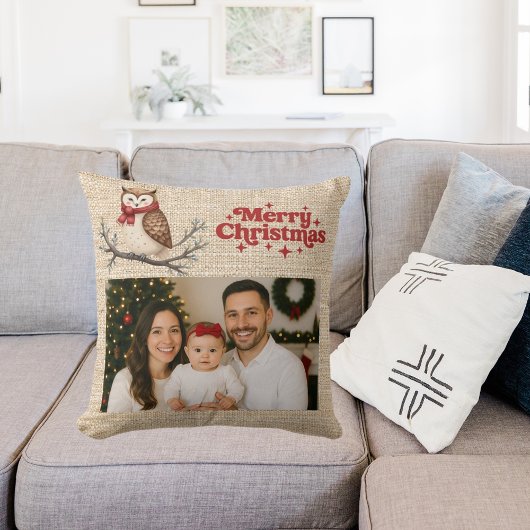 ベージュバーラップ写真かわいいフクロウのクリスマス クッション