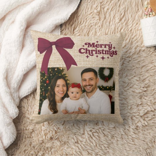 ベージュバーラップ写真バーガンディ弓クリスマス クッション (ブランケット)