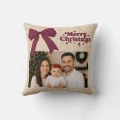 ベージュバーラップ写真バーガンディ弓クリスマス クッション (裏面)