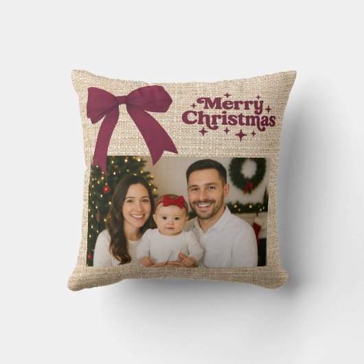 ベージュバーラップ写真バーガンディ弓クリスマス クッション (裏面)