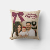 ベージュバーラップ写真バーガンディ弓クリスマス クッション (正面)
