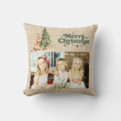 ベージュバーラップ写真フォックスツリーグリーンクリスマス クッション (正面)