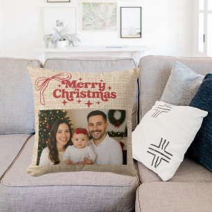 ベージュバーラップ写真赤い弓の手でクリスマスを描く クッション