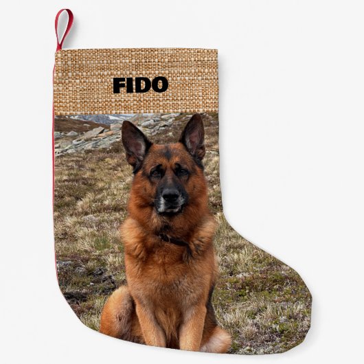 ベージュバーラップ名の写真モダン スモールクリスマスストッキング (正面)