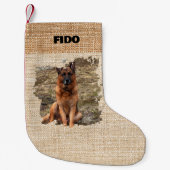 ベージュバーラップ名の写真モダン スモールクリスマスストッキング (正面)