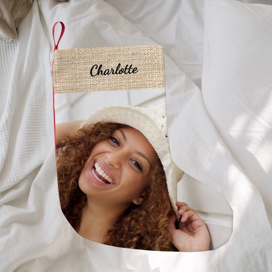 ベージュバーラップ名の写真モダン スモールクリスマスストッキング