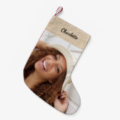 ベージュバーラップ名の写真モダン スモールクリスマスストッキング (正面 (吊り時))