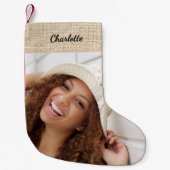 ベージュバーラップ名の写真モダン スモールクリスマスストッキング (正面)