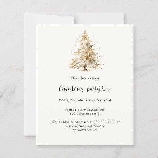 ベージュパインツリースノークリスマスパーティの招待状 (正面)