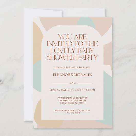 ベージュパステルミニマリストベビーシャワーパーティー 招待状 (正面)